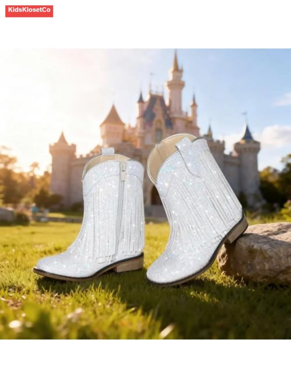 Square Toe Fringe Cowgirl Boots with Glitter, Non-Slip Outsole, Side Zipper